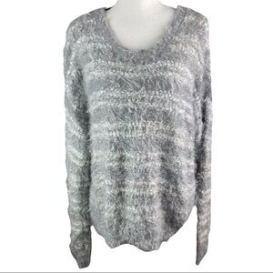Apt 9 Sweater Gray White Striped Sequin Warm Soft Fuzzy Scoop Neck Knit Top